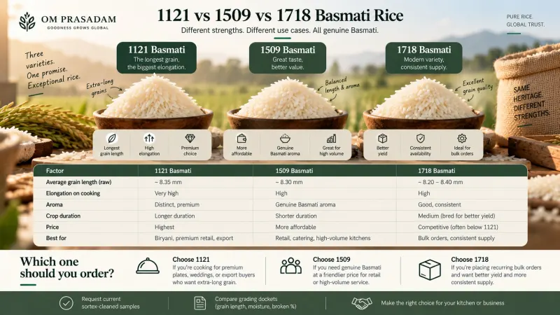Infographic comparing 1121, 1509 and 1718 Basmati on average grain length, elongation on cooking, aroma, crop duration, price and best use, with a bowl of each variety