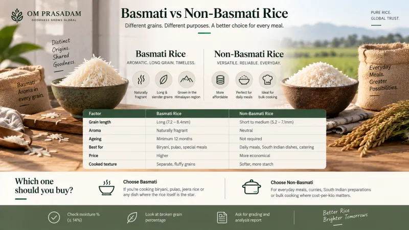 Infographic comparing Basmati and Non-Basmati rice on grain length, aroma, ageing, best use, price and cooked texture, with a bowl of each