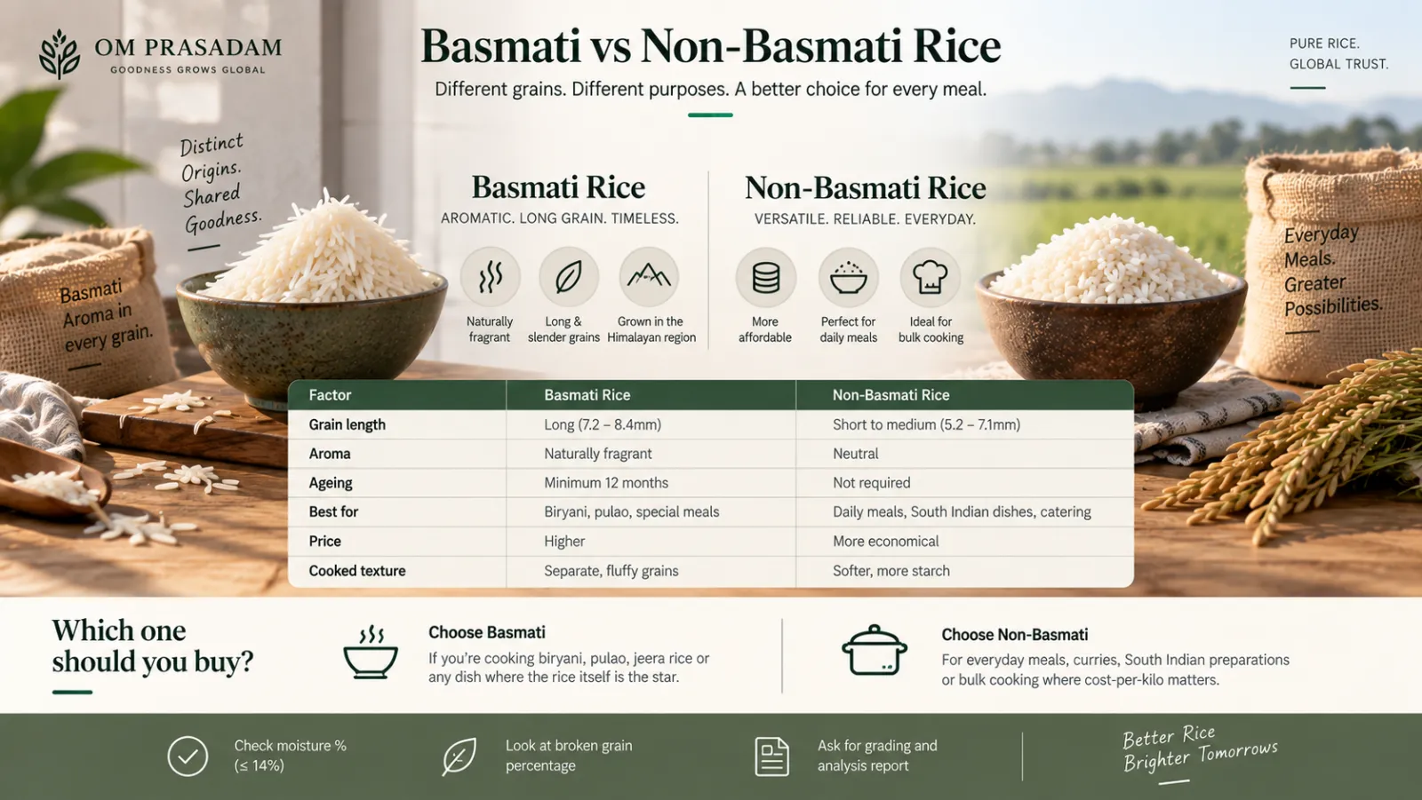 Infographic comparing Basmati and Non-Basmati rice on grain length, aroma, ageing, best use, price and cooked texture, with a bowl of each