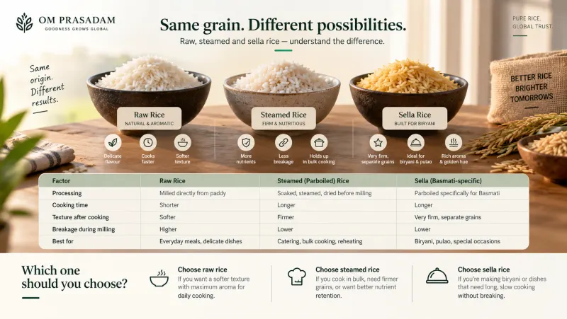 Infographic comparing raw, steamed and golden sella rice in three bowls, with a table of processing, cooking time, texture, breakage and best use