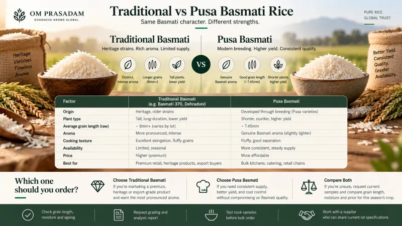Infographic comparing Traditional and Pusa Basmati on origin, plant type, grain length, aroma, cooking texture, availability, price and best use, with a bowl of each