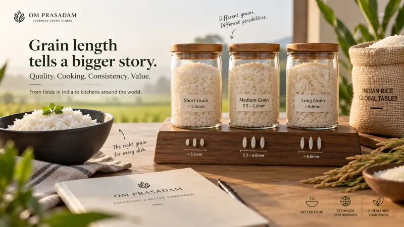 Three glass jars of short, medium and long grain rice labelled under 5.5mm, 5.5 to 6.6mm and over 6.6mm, beside a bowl of cooked rice
