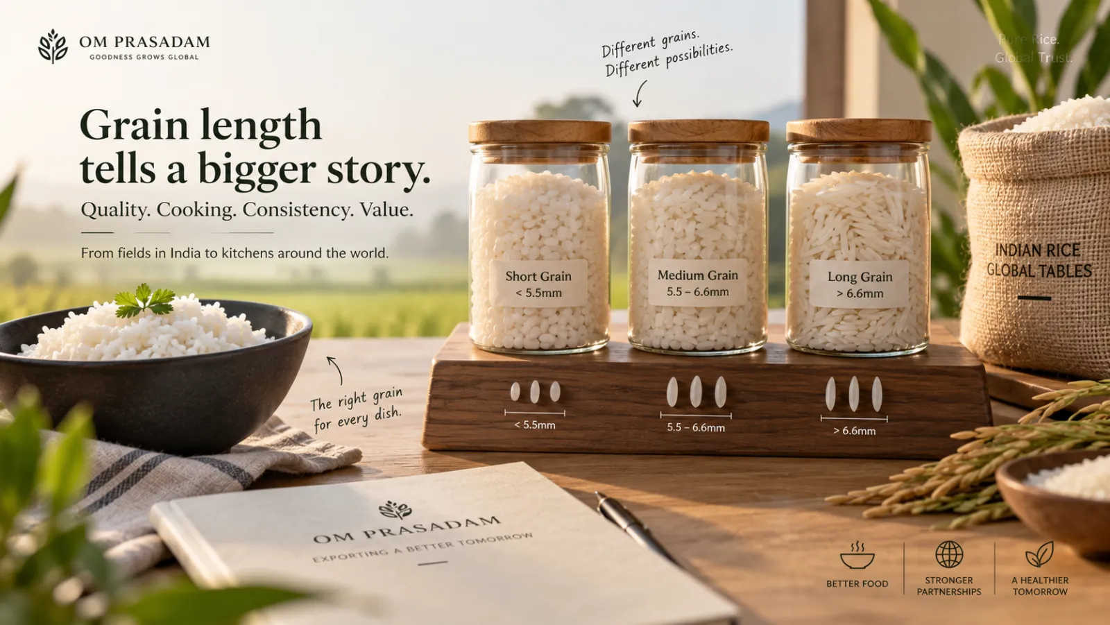 Three glass jars of short, medium and long grain rice labelled under 5.5mm, 5.5 to 6.6mm and over 6.6mm, beside a bowl of cooked rice
